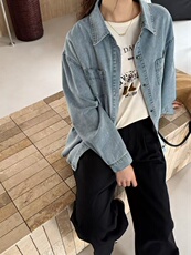 双兜牛仔衬衣百搭简约时尚，女装衬衫，湘姗