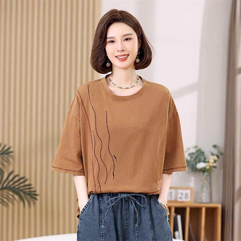 精疏棉妈妈t恤短袖绣花短袖2025新款夏宽松中老年女士50多岁上衣,女装T恤,叶笙衣