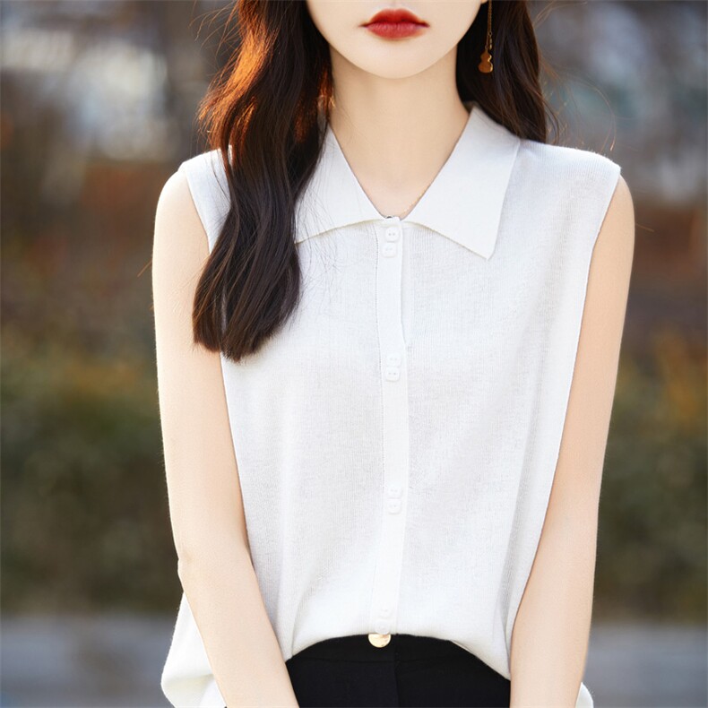 春夏polo领100精细羊毛衫T恤女无袖套头宽松显瘦背心纯色针织上衣，女装羊毛衫，总能电商供货