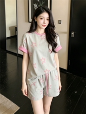 高级感简约时尚休闲运动套装女夏新款星星印花撞色短袖短裤两件套，女装套装/套裙，江南