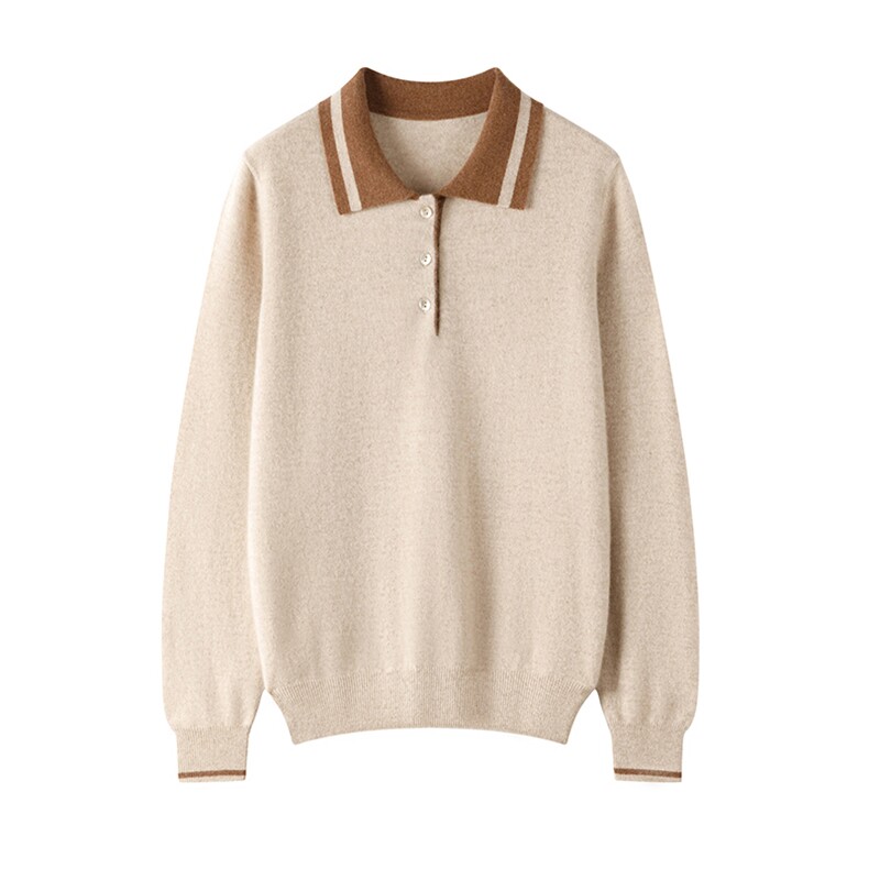 2025春秋新款羊绒衫女100纯山羊绒拼色POLO领针织衫通勤套头上衣，女装羊绒衫，绒知纯羊绒