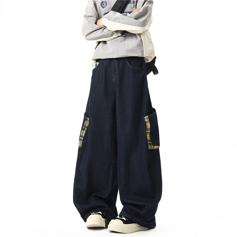 【现货】XZ612-BK81-P75美式大口袋格子弯刀牛仔裤阔腿裤镰刀裤,男装牛仔裤,星座612