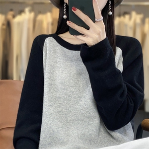 圆领美丽诺100羊毛衫女秋冬新款拼色毛衣洋气针织打底衫女图片