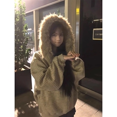 条纹连帽毛领外套男女款秋冬新款装宽松百搭卫衣开衫WY315P88，女装短外套，星座1013-5