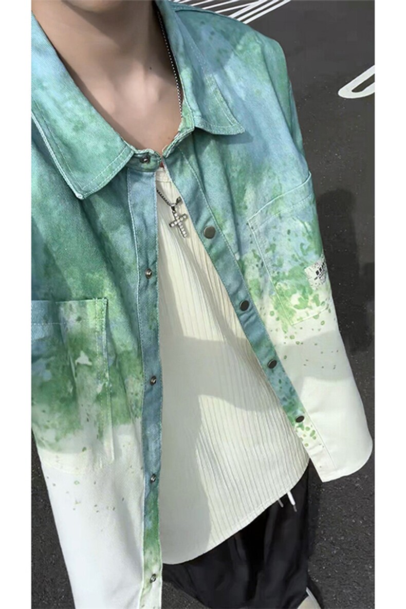 牛仔衬衫男长袖韩版潮流扎染宽松外套上衣夹克CG650-特价P68,男装夹克,电商A007