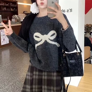 甜美蝴蝶结装饰宽松圆领针织衫 可爱淑女风毛衣外套图片