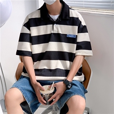 夏季翻领条纹POLO衫男潮牌ins百搭情侣t恤韩版半袖上衣T1031-P28，男装T恤，星座512-2