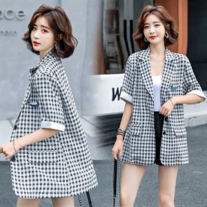 欧洲棉麻格子西装外套女薄款韩版宽松短袖洋气小西服21021夏装图片