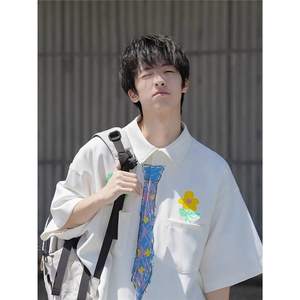 小众植物花卉涂鸦印花短袖衬衫男女夏薄款白色衬衣外套-CY377图片