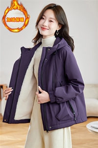 紫色时尚连帽加绒加厚外套女2025秋冬新款宽松显瘦保暖派克服棉衣图片