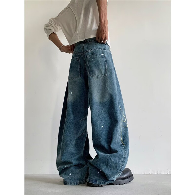 美式刺绣字母泼墨阔腿裤女夏季辣妹高腰宽松百搭弯刀牛仔裤，男装牛仔裤，星座506A