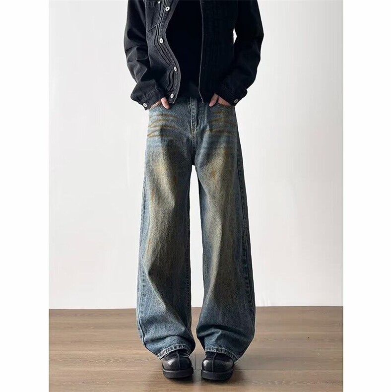 慵懒松弛感牛仔裤男美式高街vibe宽松阔腿裤拖地长裤RK2421-P55，男装牛仔裤，星座412-3