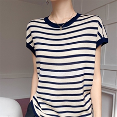 夏季新款女士时尚显瘦百搭线谱条纹圆领短袖，女装T恤，雪真羊绒