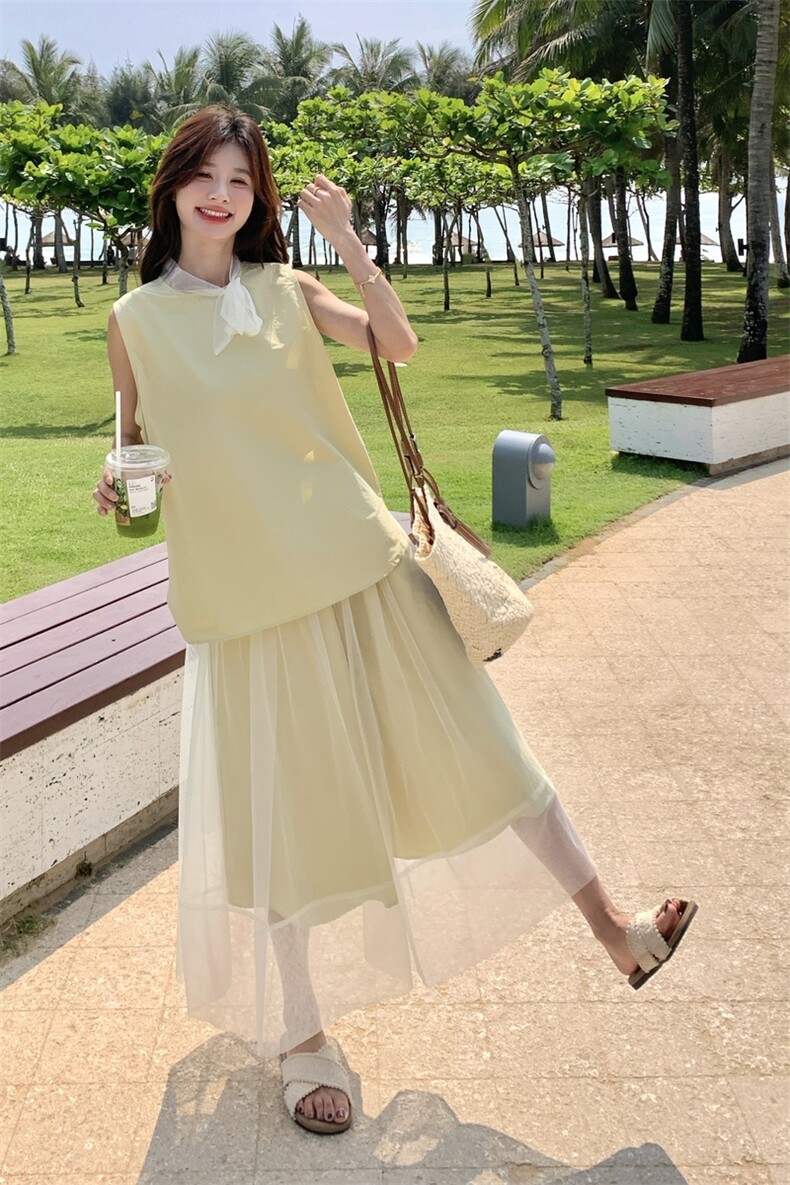 韩系氛围感无袖背心网纱半身裙套装女2025夏新款ins风甜美两件套,女装套装/套裙,2C159