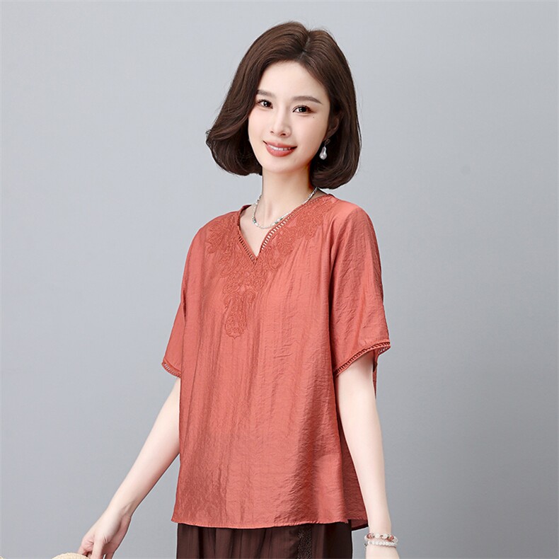优雅刺绣V领短袖衬衫女夏季新款宽松显瘦百搭上衣气质女装,女装衬衫,叶笙衣