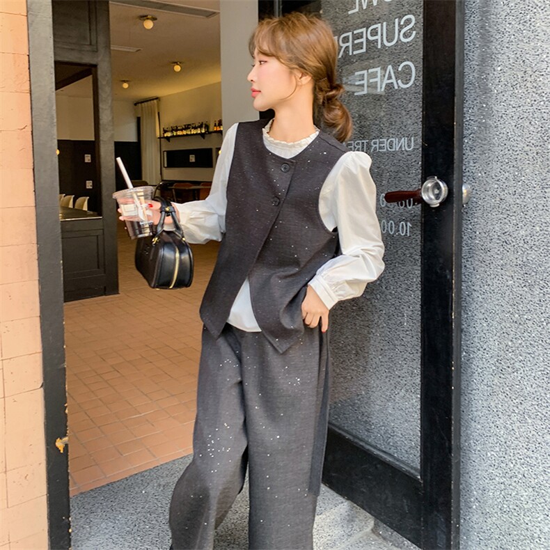现货撒银新面料白衬衫马甲阔腿裤裤三件套2C239-H51-P195K278,女装套装/套裙,2C239