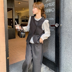 现货撒银新面料白衬衫马甲阔腿裤裤三件套2C239-H51-P195K278，女装套装/套裙，2C239