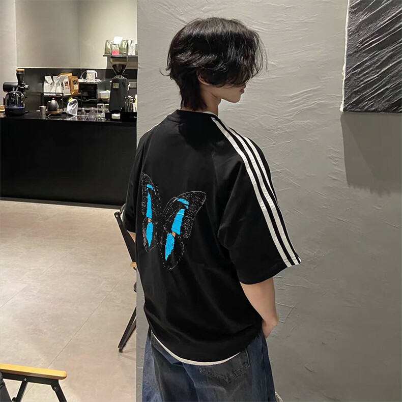 抖音得物高品质二开240克宽松纯棉美式潮牌三条杠织带短袖T恤,男装T恤,电商A486-1