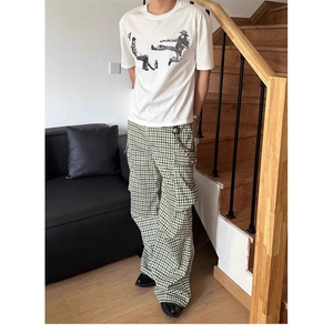 TWOMOONS两个月亮格纹复古口袋条纹炮弹裤阔腿长裤工装休闲裤男女