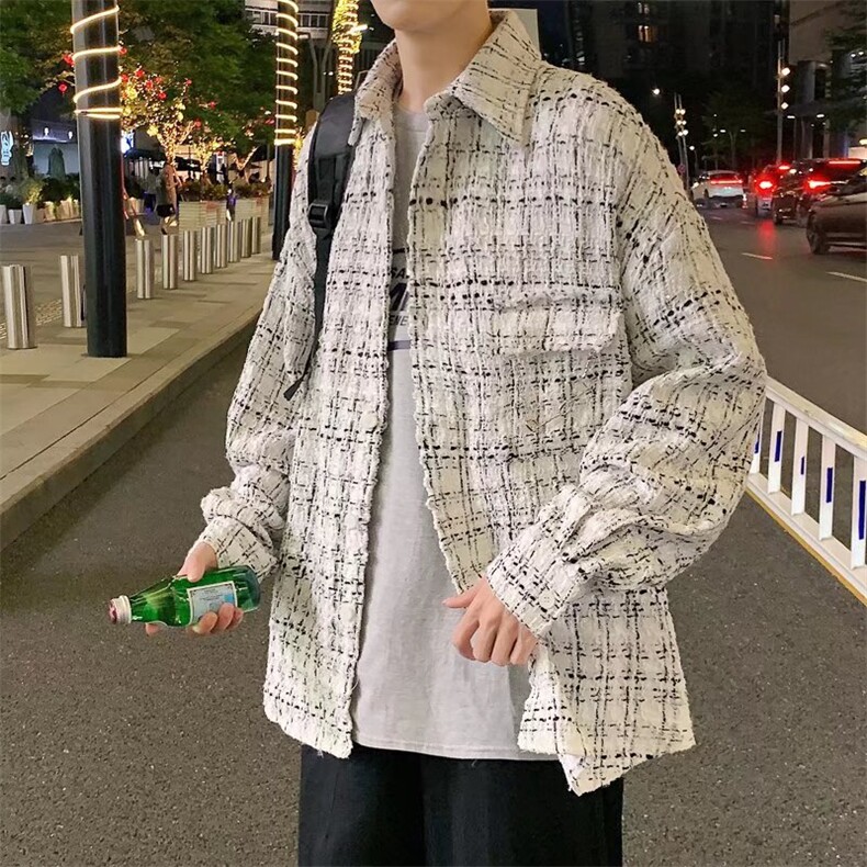 小香风格子长袖衬衫男宽松潮流衬衣毛呢外套衬衫CS30-P50图片