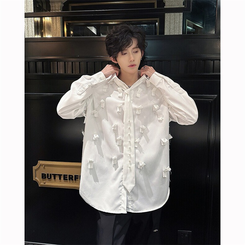 现货25设计感重工男士钉珠领带白色衬衫cs123-p118,男装衬衫,电商B288