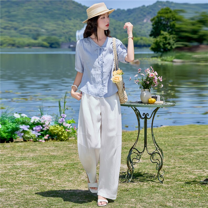 亚麻套装女2026夏季新款套装女蕾丝领带宽松上衣气质透气休闲裤,女装套装/套裙,梦懿尔