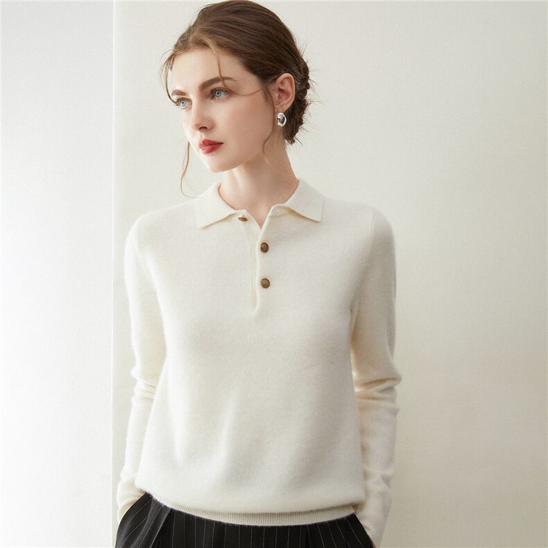 2025秋冬百搭时尚简约polo领长袖针织衫，女装羊绒衫，米乐羊绒
