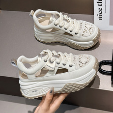 真皮镂空凉鞋女2024夏新款厚底女鞋百搭透气休闲老爹增高小白鞋女，女鞋凉鞋，星座1407-3