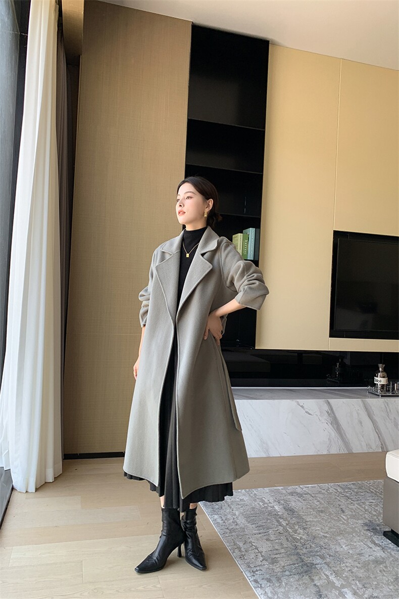 2025秋冬新款西装领系带纯羊毛长款毛呢外套女赫本风双面羊绒大衣,女装双面呢大衣,赛欧妮