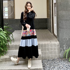 设计感小众拼接长袖连衣裙女2025秋季新款复古宽松过膝a字长裙潮，女装连衣裙，2C158