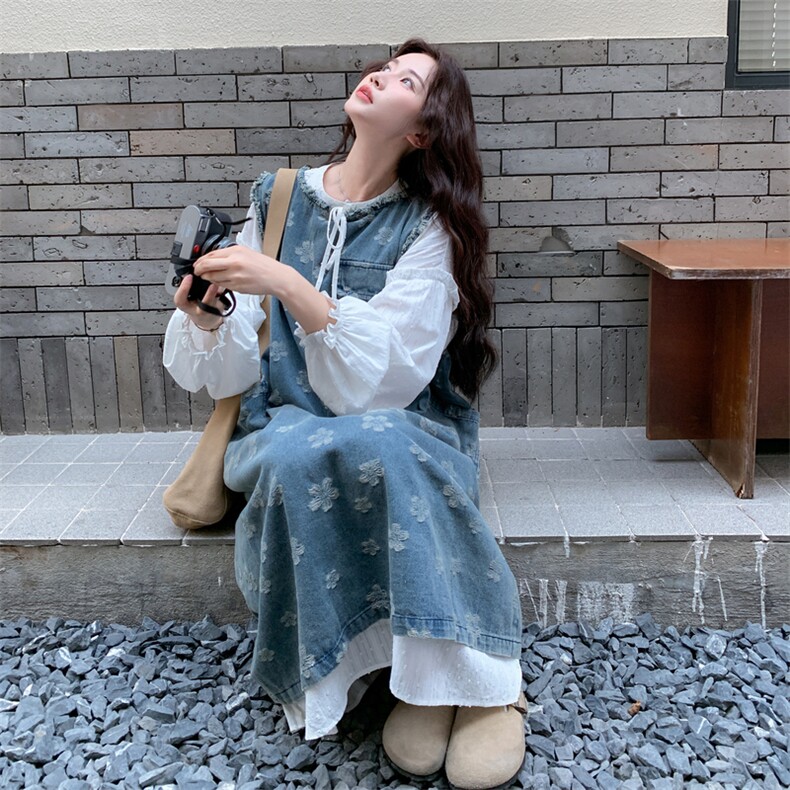 新品重工水洗刺绣牛仔面料叠穿2件套装5601-P185-K298长袖,女装连衣裙,2C275