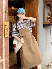 休闲工装背带连衣裙套装女2025夏季新款学院风减龄条纹t恤两件套，女装套装/套裙，浙宝276（原081）