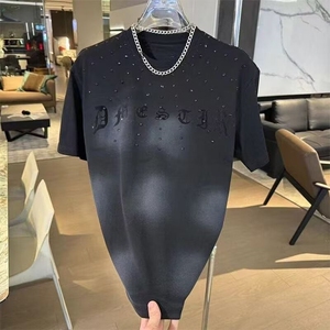 新款痞帅简欧烫钻渐变色宽松短袖t恤男夏季时尚百搭休闲品质潮衣图片