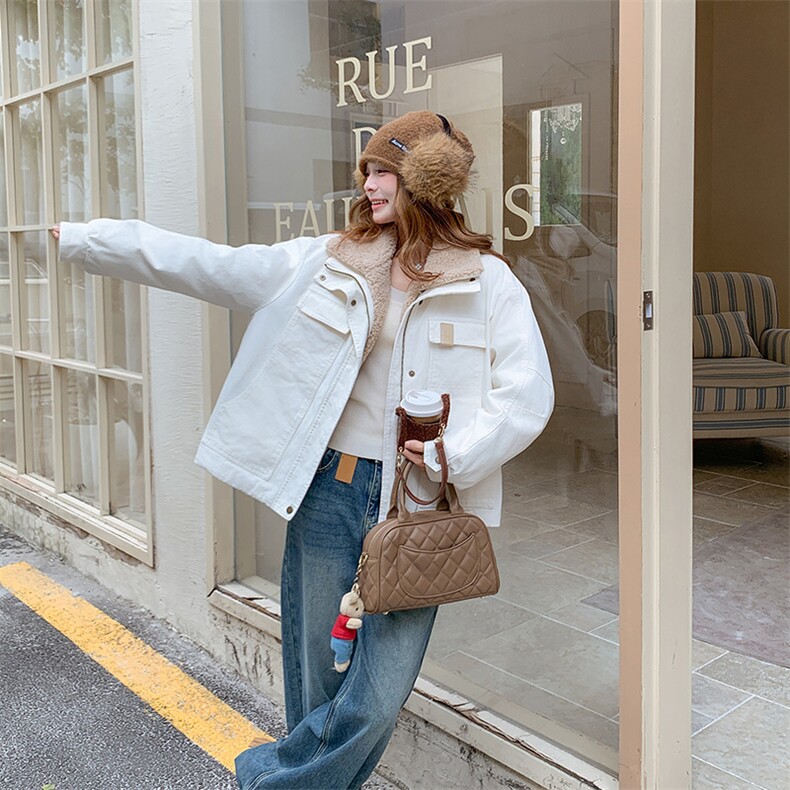 韩版休闲毛领宽松保暖羽绒服女2025冬季加绒加厚米白色高级感外套,女装羽绒服,2D080
