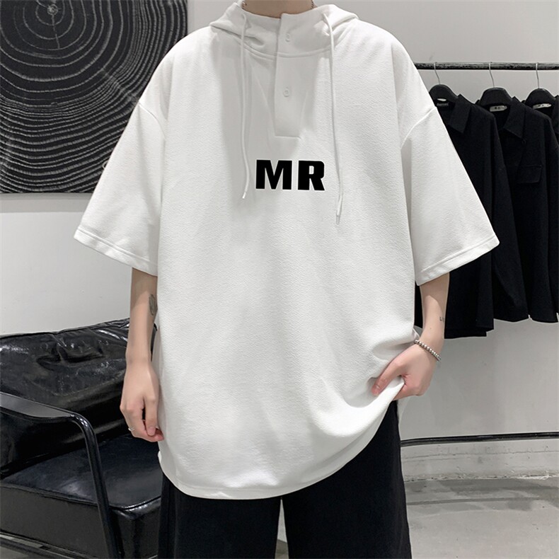 LD54253-P45连帽短袖t恤男大码胖子带帽五分袖中袖,男装T恤,电商A040