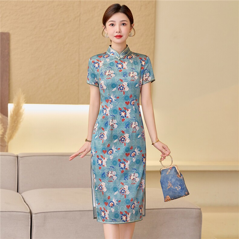 杭州品质真丝长裙复古印花连衣裙女春夏日常修身潮流真丝旗袍,女装汉服/婚纱/旗袍/礼服,小荷流
