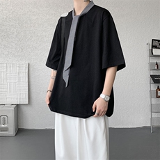 T10136-特批35控68新款小众夏季短袖撞色拼接双纱面料大码T恤，男装T恤，电商A059