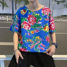 HT203夏季男士休闲东北大花民族风牡丹花圆领短袖T恤青少年大码，男装T恤，星座115A(原星座507）
