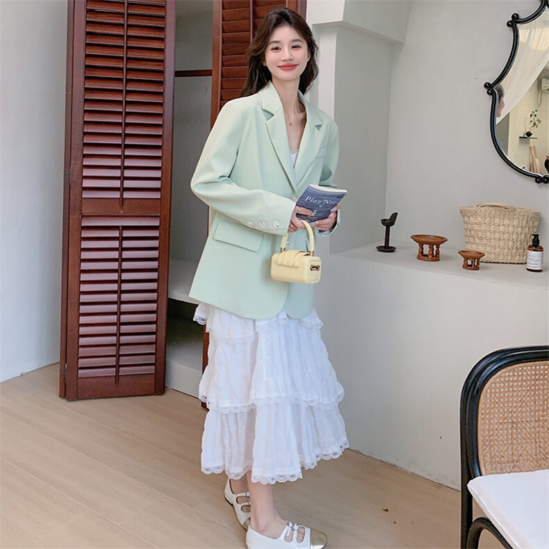 韩系绿色西服外套吊带连衣裙女2025春秋季新款高级感洋气两件套装,女装套装/套裙,2D078