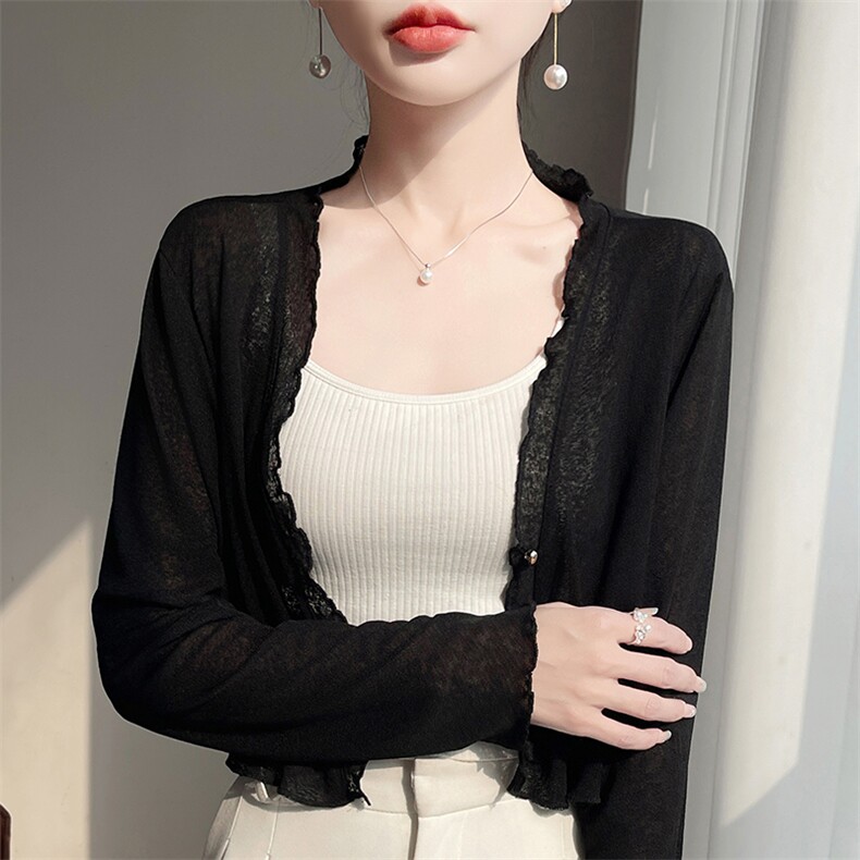 夏季女士轻盈舒适百搭网纱木耳边小开衫，女装蕾丝衫/雪纺衫，圣丽羊绒