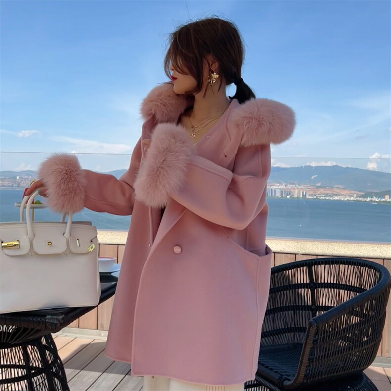可脱卸狐狸毛领奢华气质双面羊绒大衣女小个子短款连帽毛呢外套，女装双面呢大衣，蒙绒特