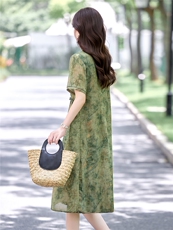 时尚休闲印花连衣裙女2025夏季新款宽松圆领木耳花边减龄碎花裙子，女装连衣裙，木橙西子