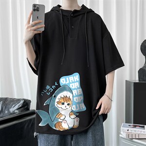 LD54217-P45 连帽短袖t恤男大码胖子带帽五分袖中袖图片