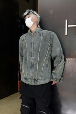 美式潮牌复古解构毛边短款机车服设计做旧牛仔外套男立领帅气夹克，男装工装外套，星座505-2（原电商A260-1)