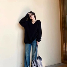 宽松V领黑色毛衣女慵懒风秋冬新款高级松弛感套头针织衫外穿上衣，女装针织衫/毛衣，星座506A