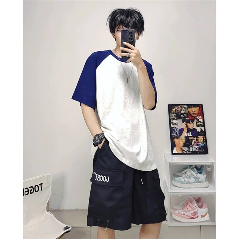 抖音得物高品质二开240克宽松纯棉美式潮牌插肩袖拼接短袖T恤,男装T恤,电商A486