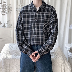 衬衫男2025春季新款港风大码宽松长袖磨毛格子衬衣CS37-P38图片