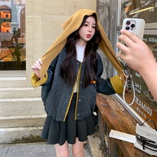 韩版撞色长袖拼色呢子外套女2025秋冬季新款宽松显瘦毛呢大衣上衣，女装短外套，2C129