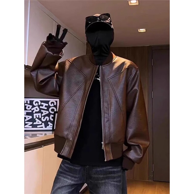 美式复古短款立领机车pu皮外套男款秋季美拉德高级感痞帅工装夹克图片