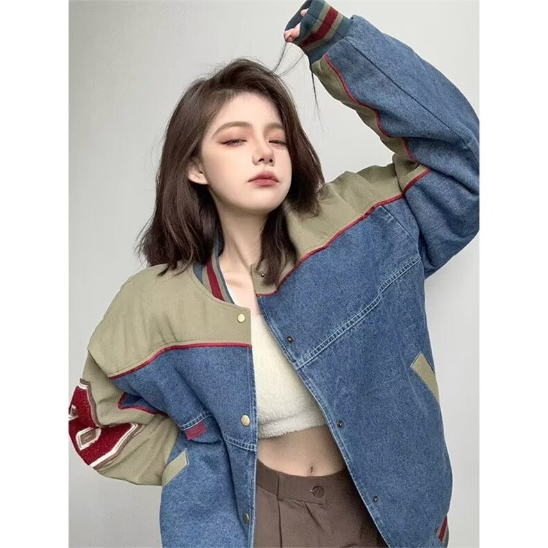 JK8527-P73 美式复古今年流行牛仔外套男女美秋季新款拼接图片